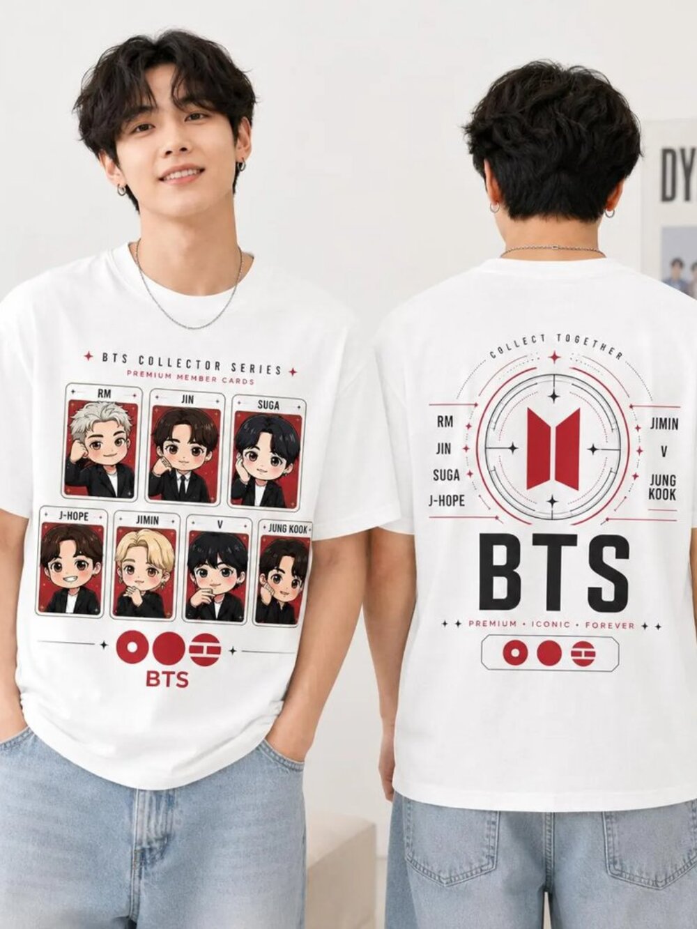 BTS Collector Series Chibi Member Arirang Shirt, Two Sided Trading Card Graphic